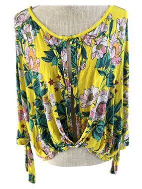 Free People Yellow Floral Long-Sleeve Blouse Tie Detail/Button Closure size M